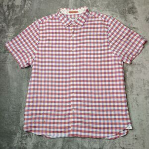 Tommy Bahama Shirt Men XL Red Short Sleeve Gingham Check Linen Sorona Poly Blend